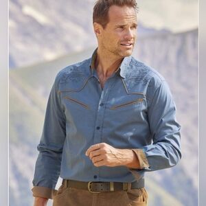 Atlas For Men Button Down Shirt Men's Western Blue Floral Print Longsleeve  2XL